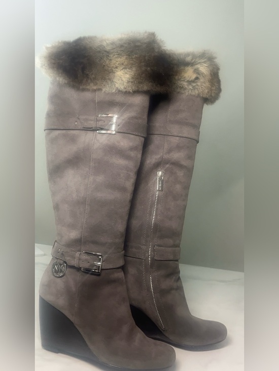 Michael Kors Shoes - Michael Kors Taupe Faux-Suede Over-the-Knee Boots with Fur Trim